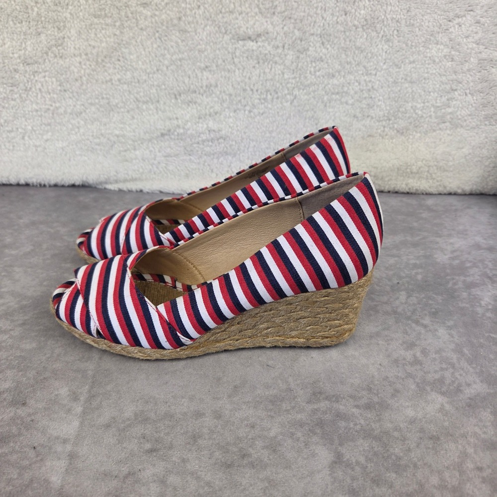 Nautical Red White Blue Striped Canvas Espadrille Wedge Peep Toe Sandals